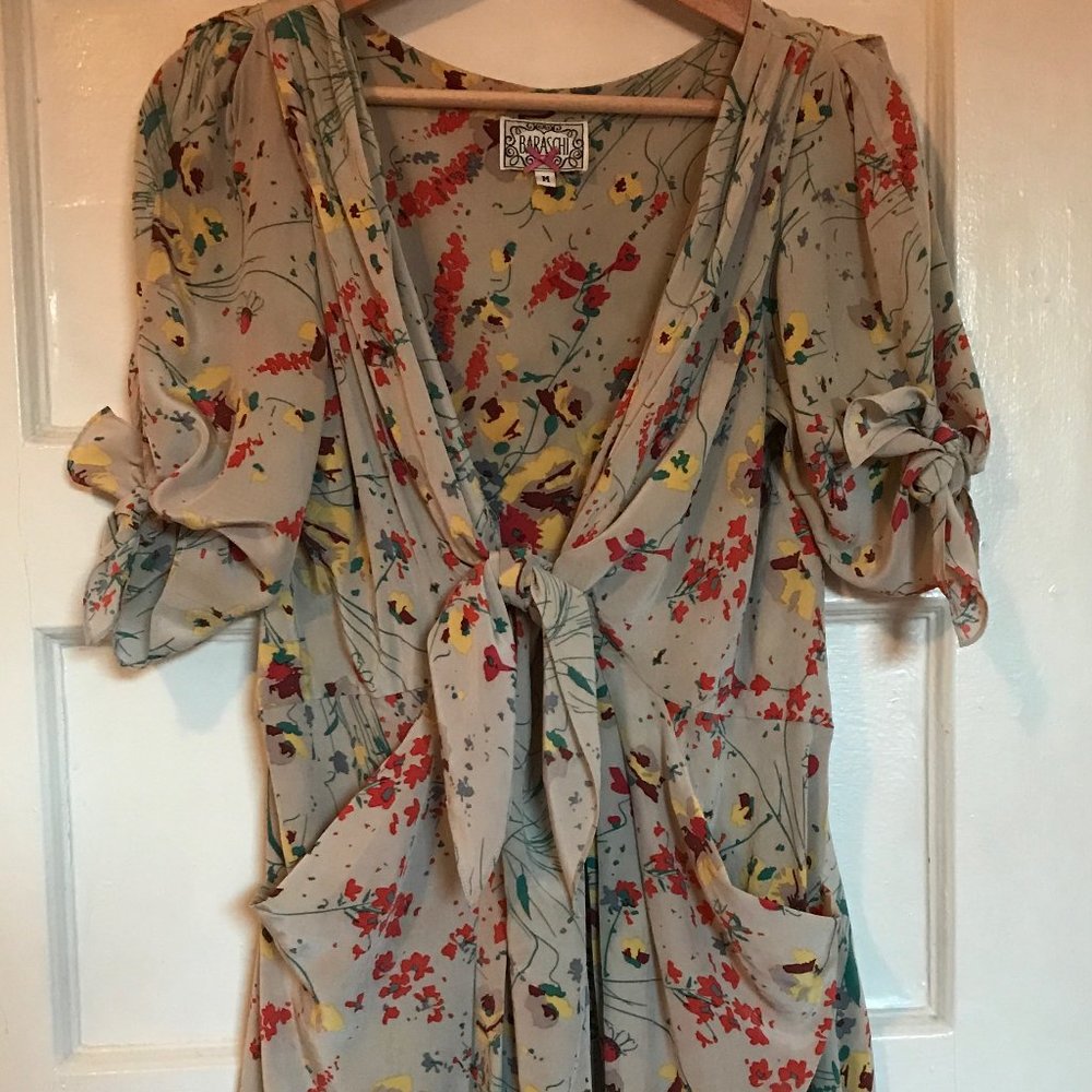 Yoana Baraschi Beige Floral Mini Dress with Red & Yellow Accents